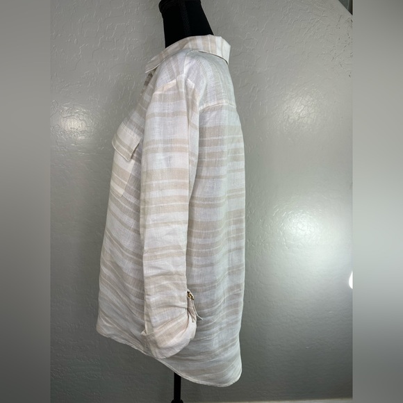 Ellen Tracy striped women's top 100% Linen collared long sleeve Sz L - Picture 5 of 8